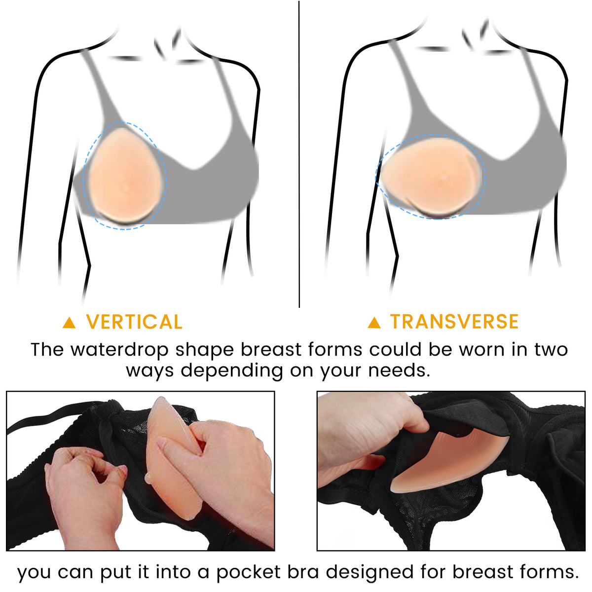 Vollence One Piece Teardrop Silicone Breast Forms Mastectomy Fake Boobs Bra Enhancer Inserts Concave Bra Pads